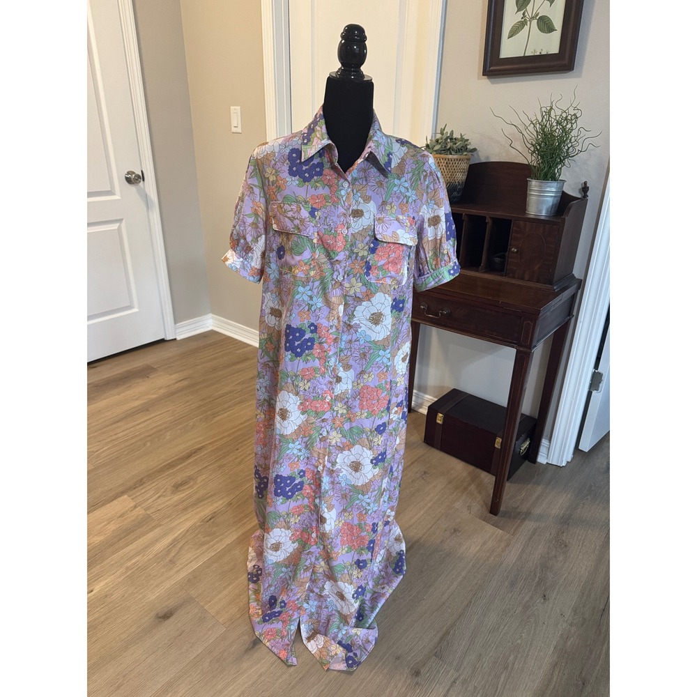 Love + Harmony Floral Maxi Shirt Dress Purple Retro Puff Sleeve Button Down M